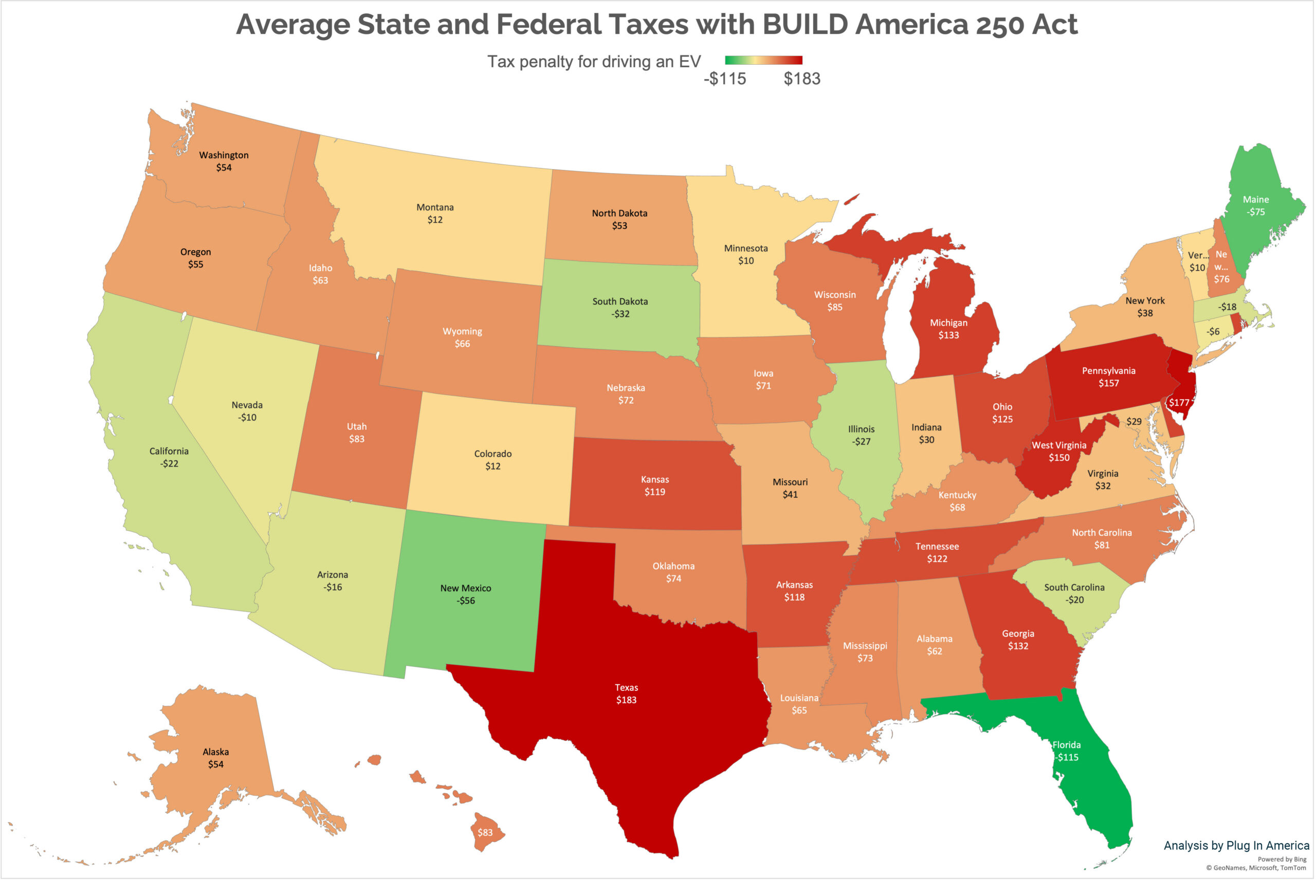 Map of US showing how much EV drivers pay in comparison to gas drivers with the provisions from the BUILD America 250 Act