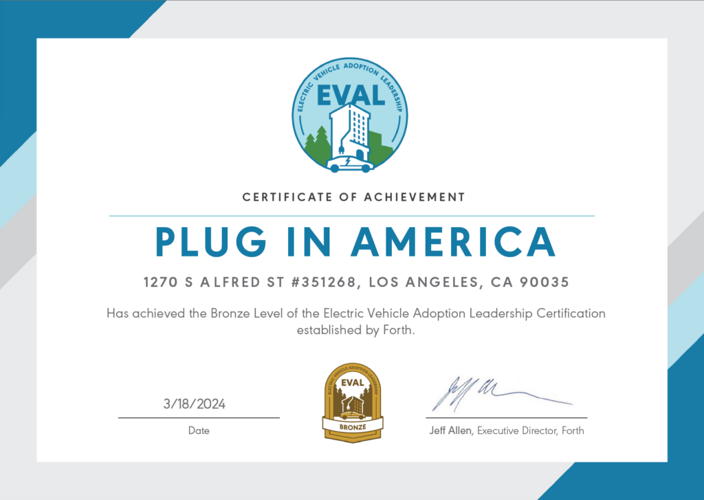 Plug In America EV Adoption Leadership Certificate