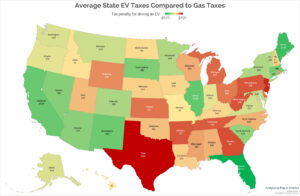 Map of US showing how much EV drivers pay in comparison to gas drivers