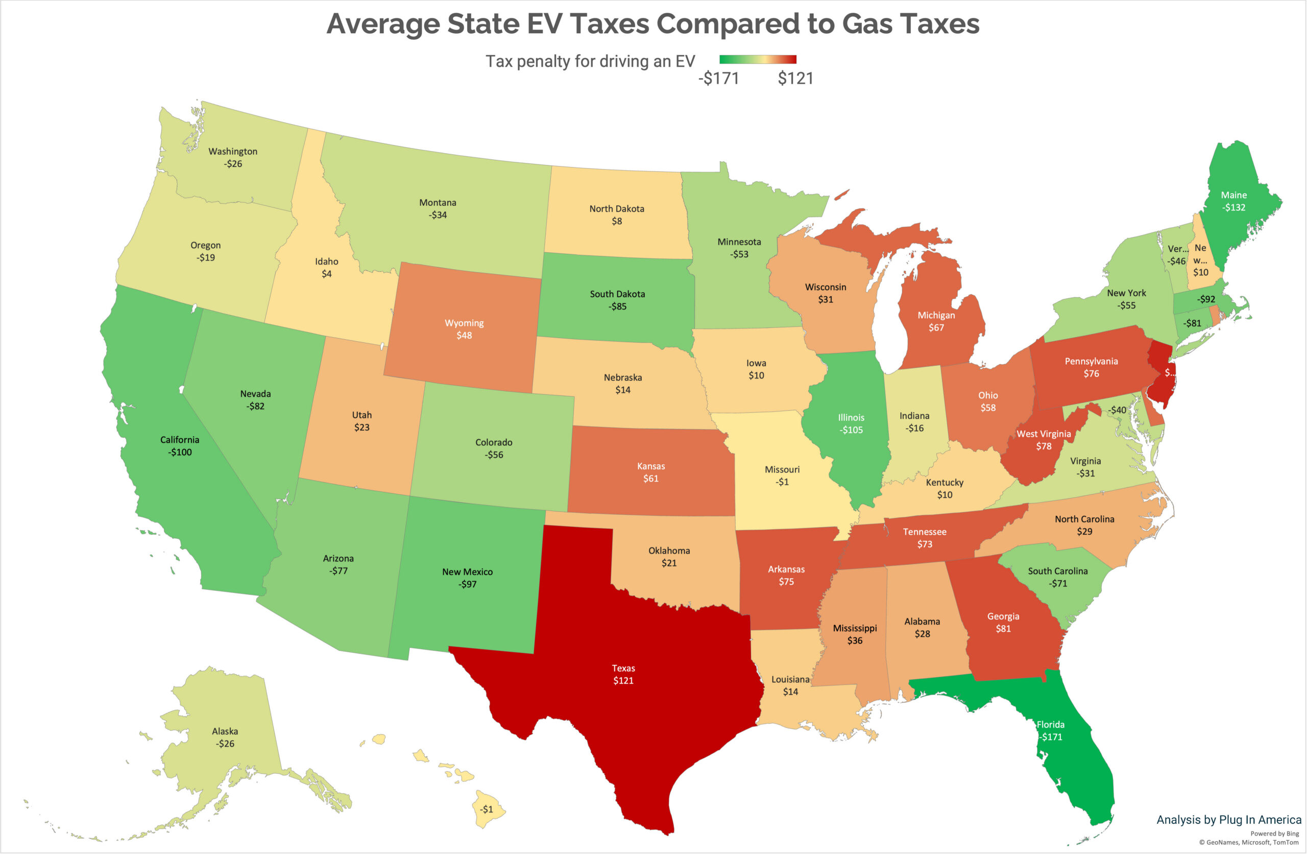 Map of US showing how much EV drivers pay in comparison to gas drivers