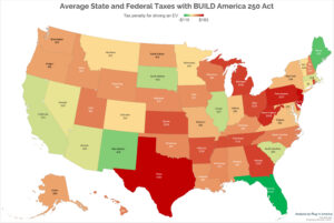 Map of US showing how much EV drivers pay in comparison to gas drivers with the provisions from the BUILD America 250 Act
