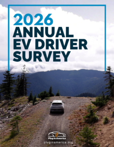 Image of an electric vehicle driving on gravel road overlooking a mountain landscape with clouds and text above that reads "2026 Annual EV Driver Survey" from Plug In America.